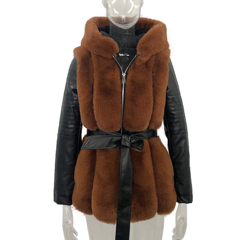 Chaqueta de manga larga de cuero PU con chaleco de piel