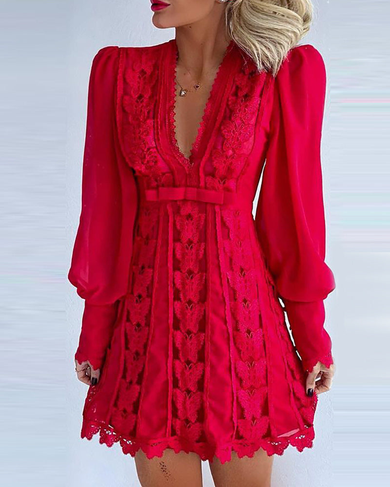 V-Neck Short Lace Dress with Long Puff Sleeve