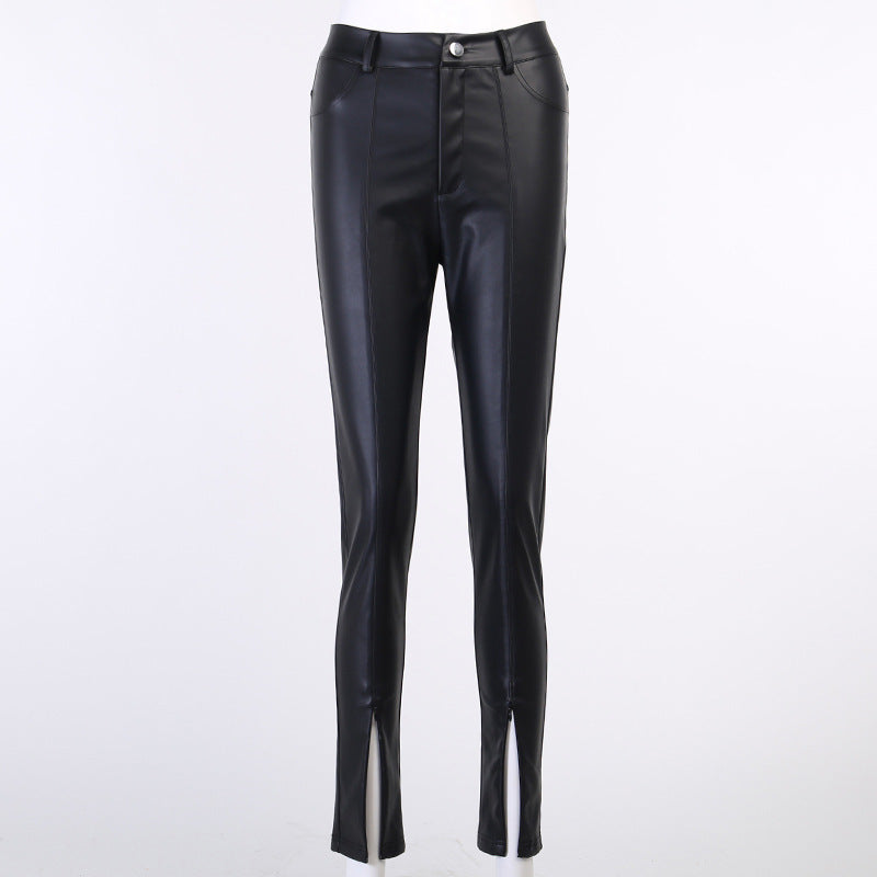 Pantalones de cuero con frente dividido para mujer