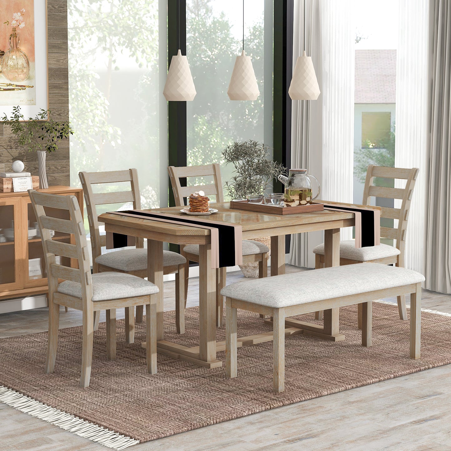 Juego de mesa de comedor de madera Chevron de 6 piezas con banco