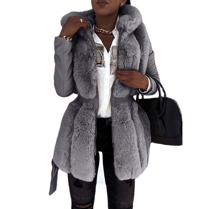 Chaqueta de manga larga de cuero PU con chaleco de piel