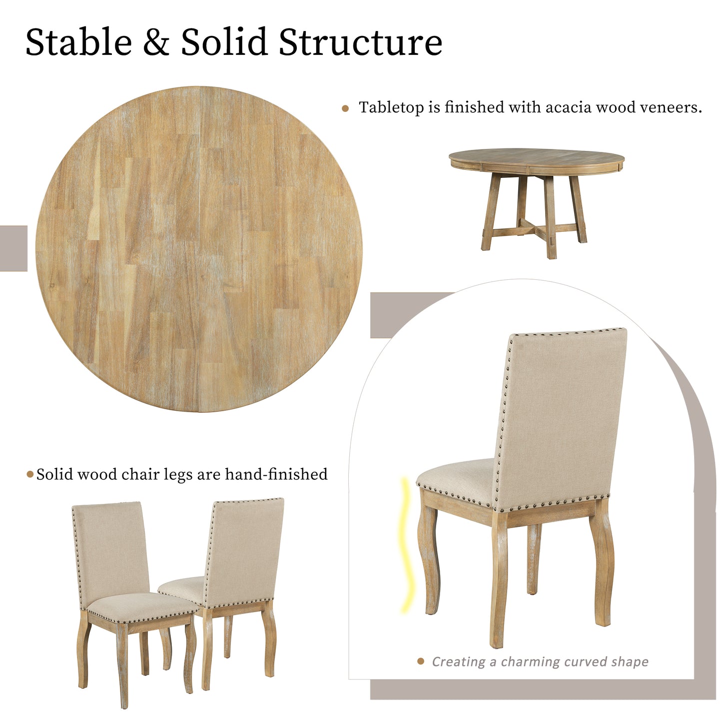Mesa de comedor extensible redonda de madera de 5 piezas y 4 sillas de comedor tapizadas