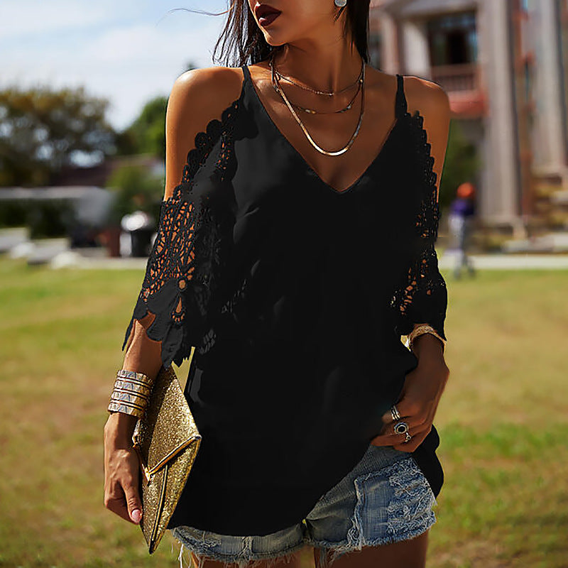 Lace Sleeve Cutout Shoulder Shirt