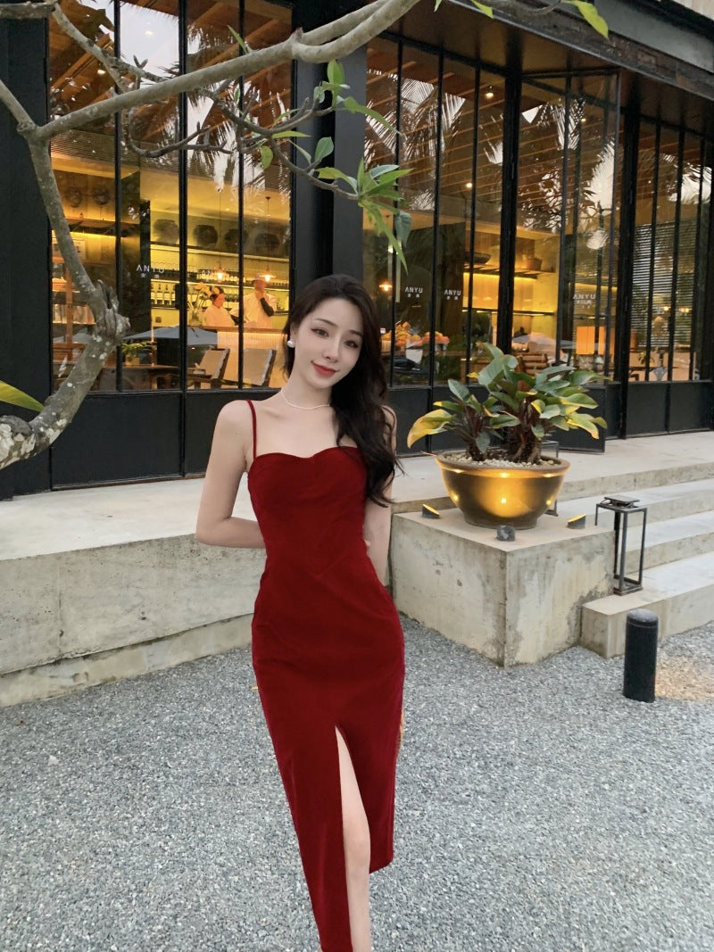 Red Velvet Slit Dress