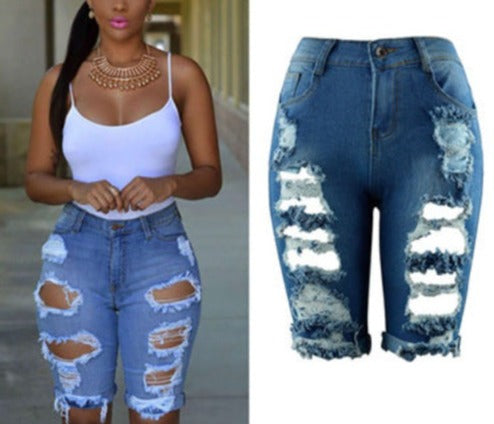 Ripped Knee Length Biker Denim Shorts