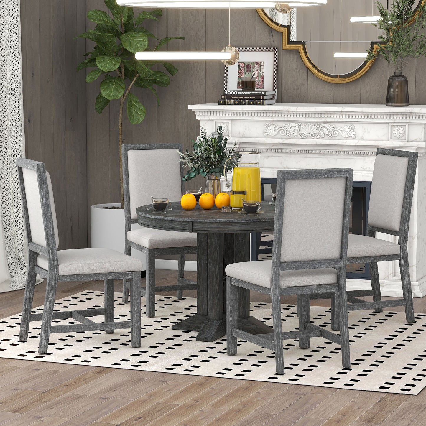 5-teiliges Esszimmer-Set, ausziehbarer runder Tisch und 4 gepolsterte Stühle, Bauernhaus (Schwarz)