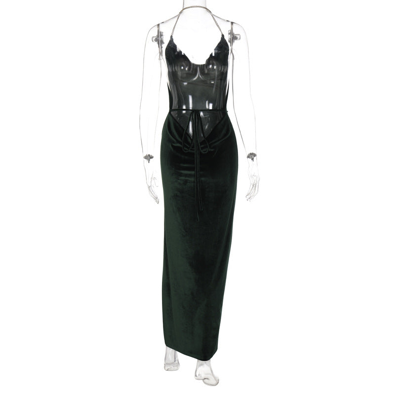 Green Velvet Gold Chain Halter Dress