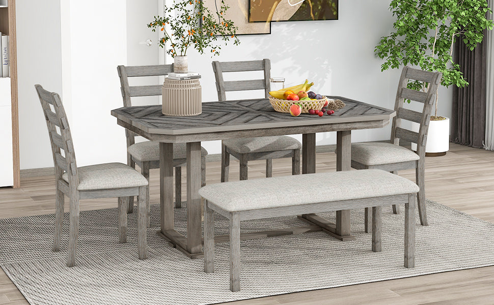 6-teiliges Esstisch-Set mit Chevron-Holzmaserung, gepolsterten Stühlen und Bank (grau)
