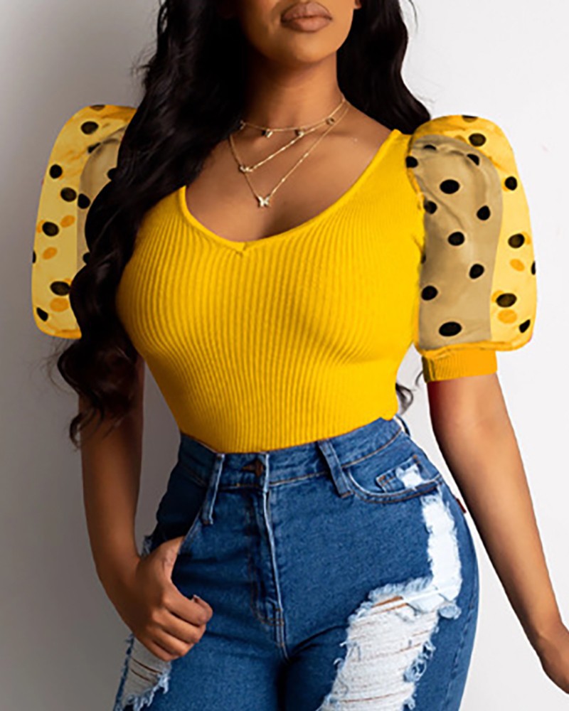 Women's Polka Dot Mesh Puff Sleeve V-Neck Shirt