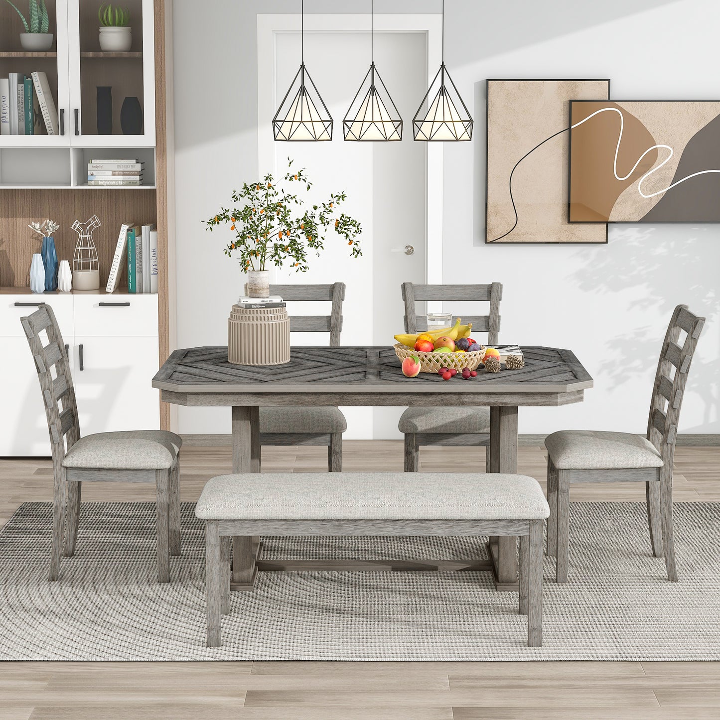 6-teiliges Esstisch-Set mit Chevron-Holzmaserung, gepolsterten Stühlen und Bank (grau)