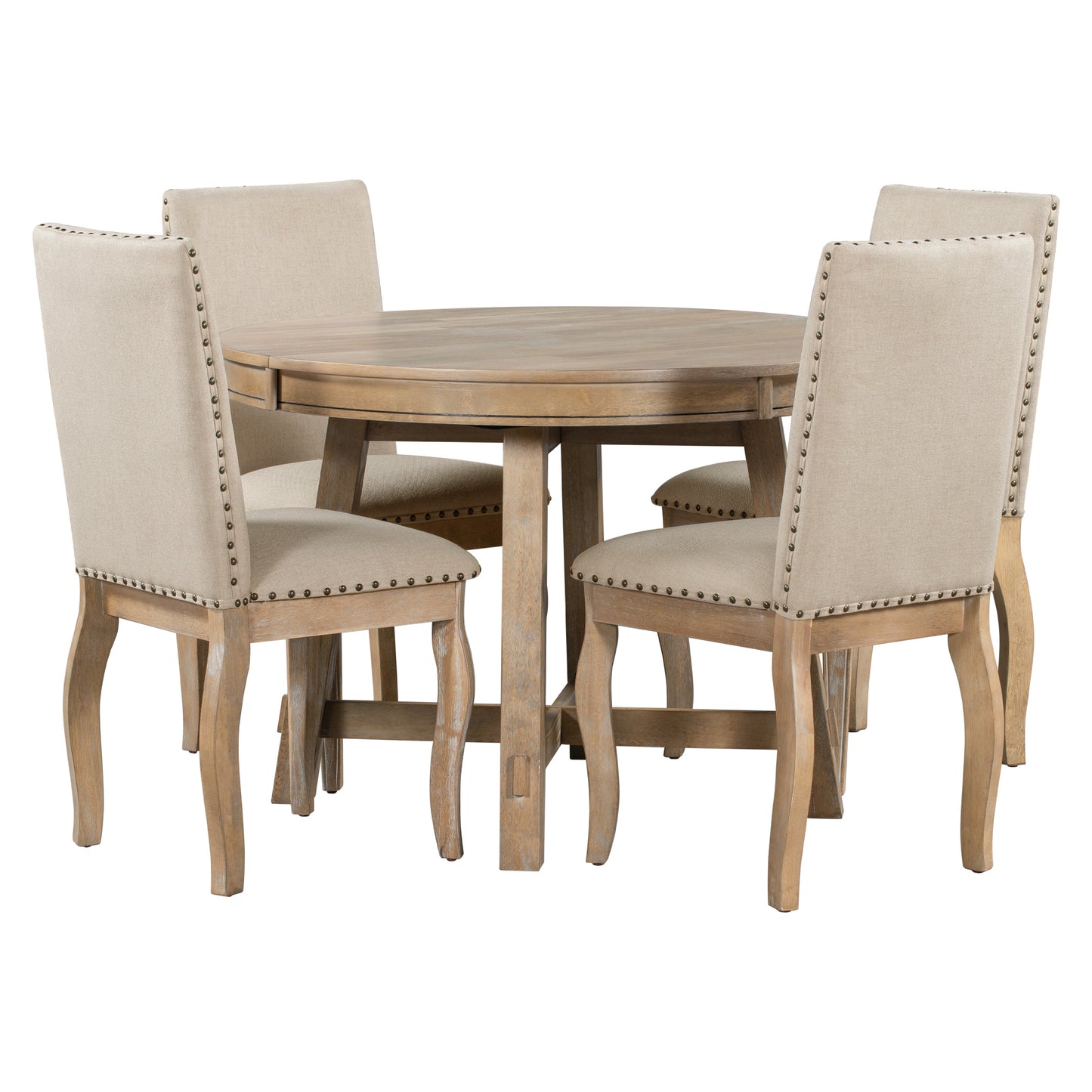 Mesa de comedor extensible redonda de madera de 5 piezas y 4 sillas de comedor tapizadas