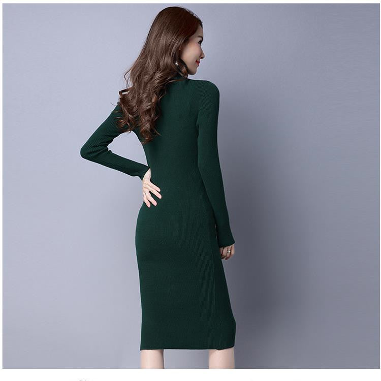 Turtle Neck Sweater Dress with Side Slit