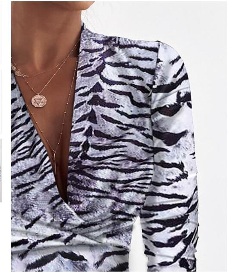 Long Sleeve V-neck Leopard/Tiger Print Ladies Blouse Top