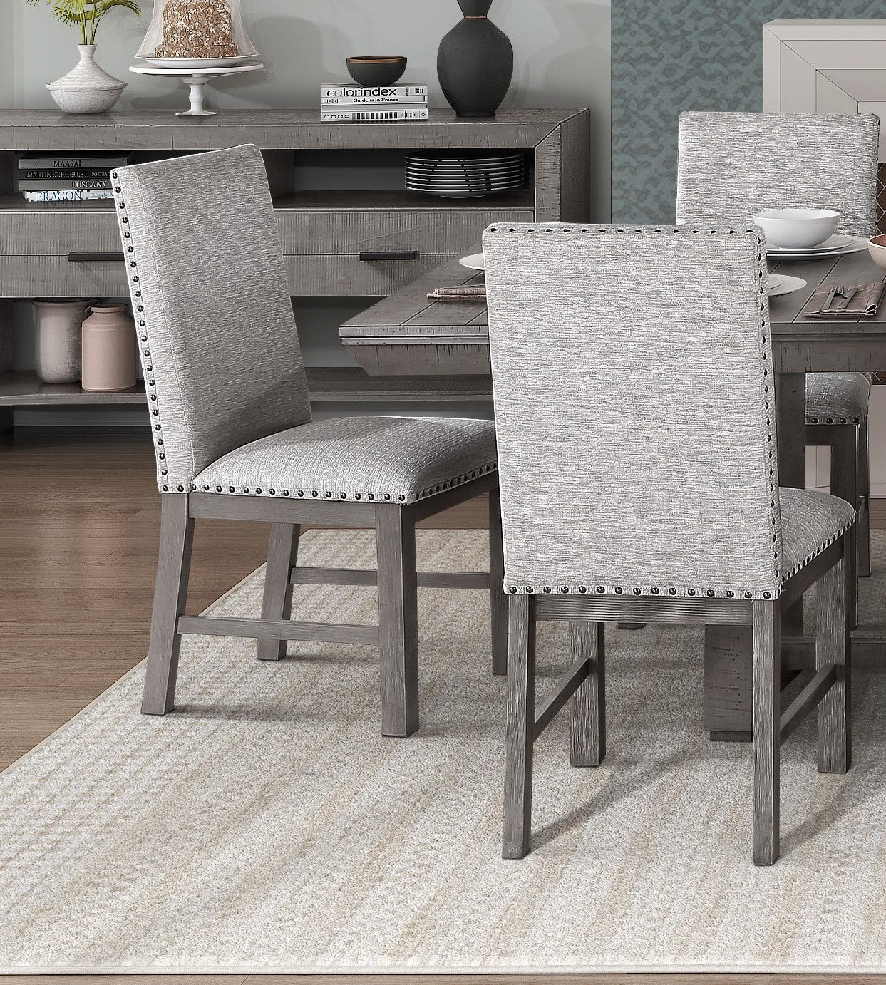 Juego de mesa de comedor gris rústico de 5 piezas con hoja extensible y 4 sillas tapizadas de tela