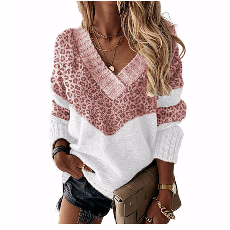 V-Neck Leopard Print Color Block Sweater