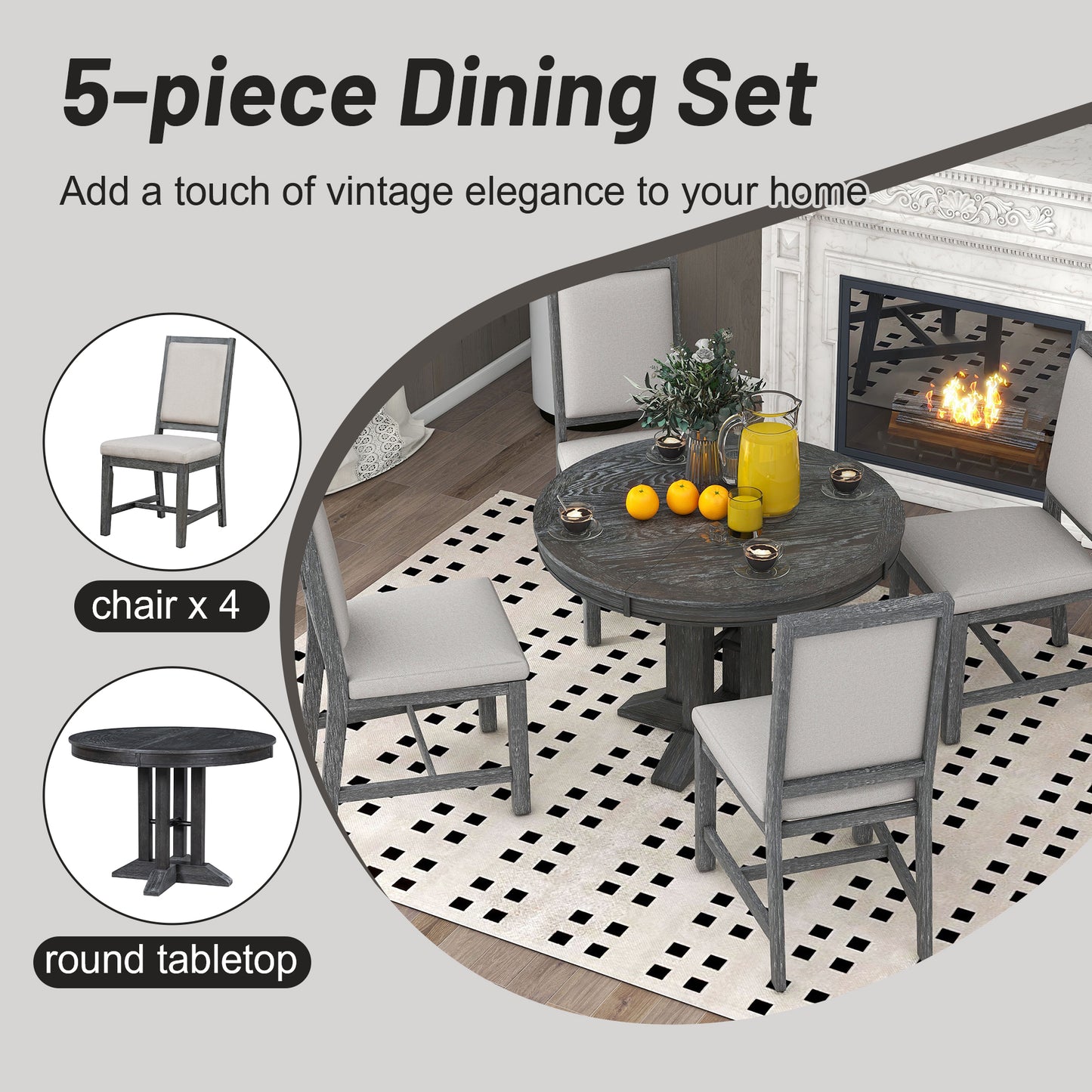 5-teiliges Esszimmer-Set, ausziehbarer runder Tisch und 4 gepolsterte Stühle, Bauernhaus (Schwarz)