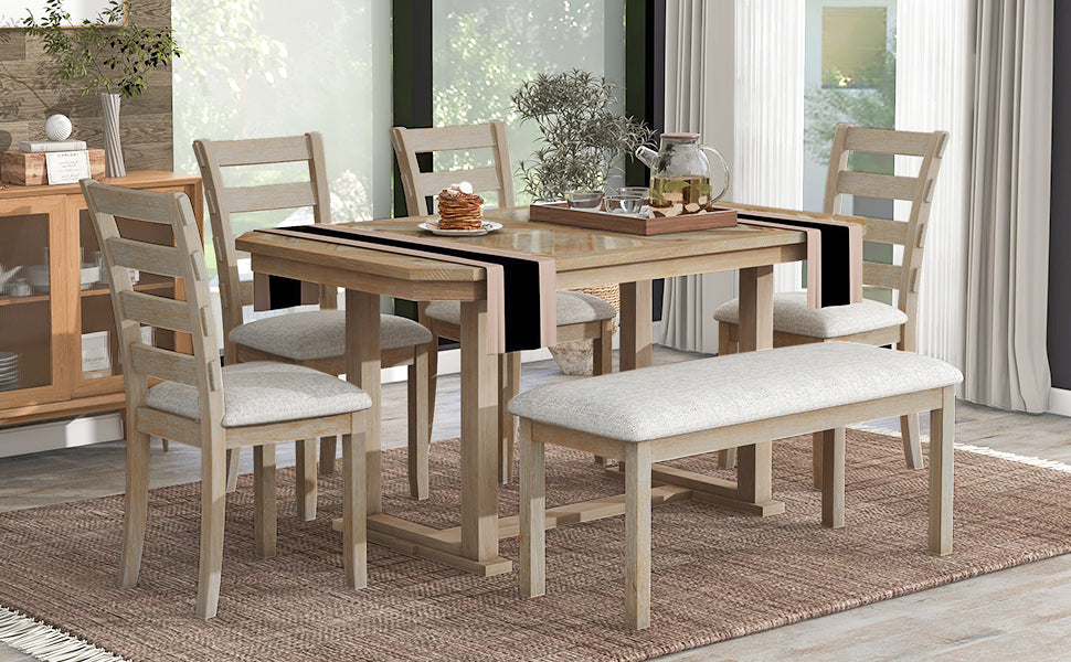 Juego de mesa de comedor de madera Chevron de 6 piezas con banco