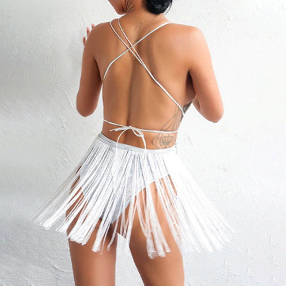 Bañador de una pieza con flecos plateados