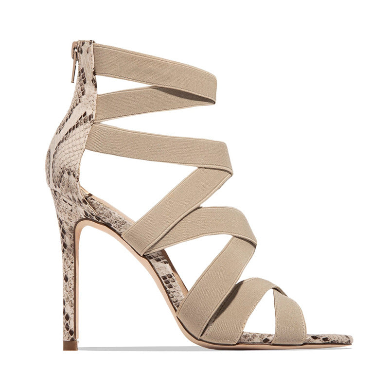 Offener Damen-High-Heel mit elastischem Riemen und Schlangenledermuster
