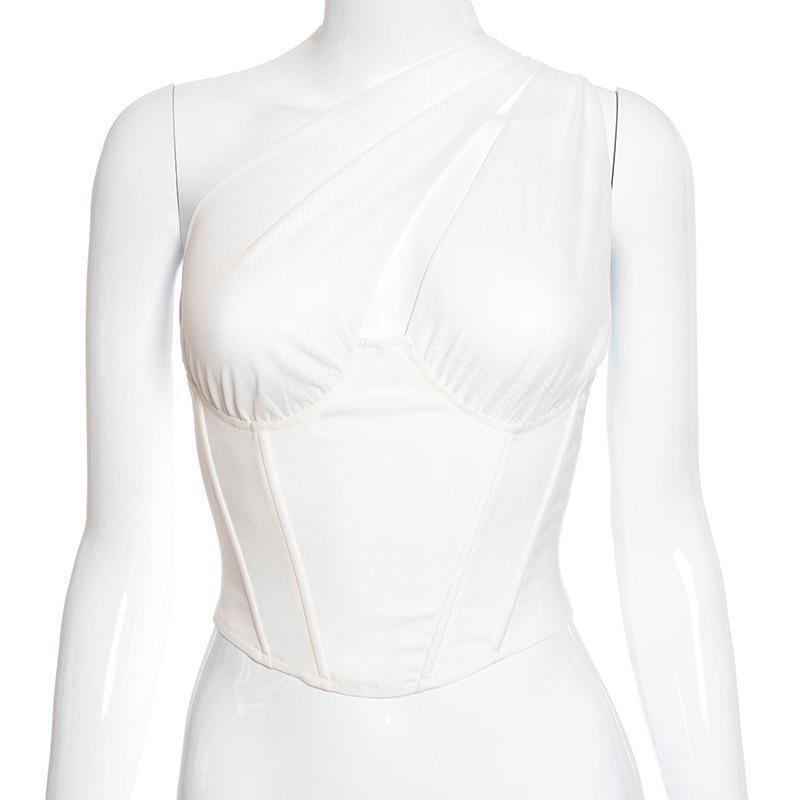 One-shoulder Corset Mesh Top (Color Options)