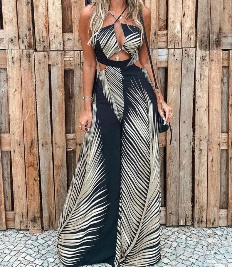 Gefiederter Jumpsuit mit Ausschnitten und mehreren Druckoptionen