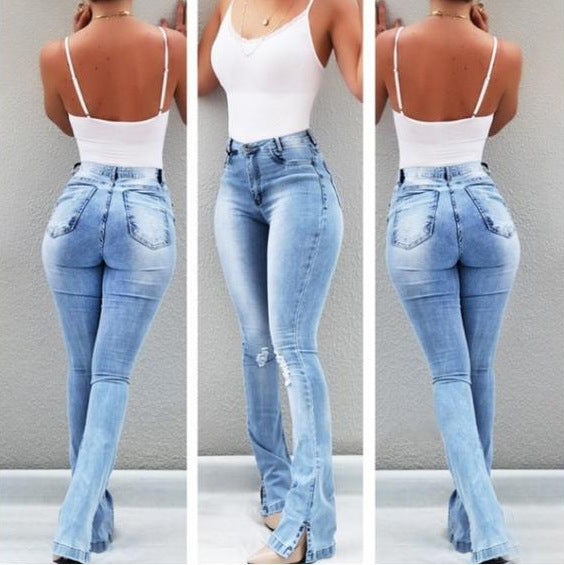 Stretch Rip Flare Ankle Slit Jeans