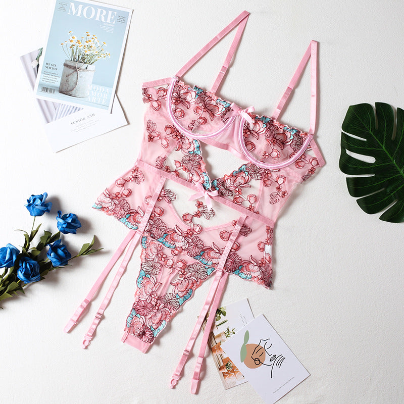 Lencería sexy de una pieza con halter floral bordado