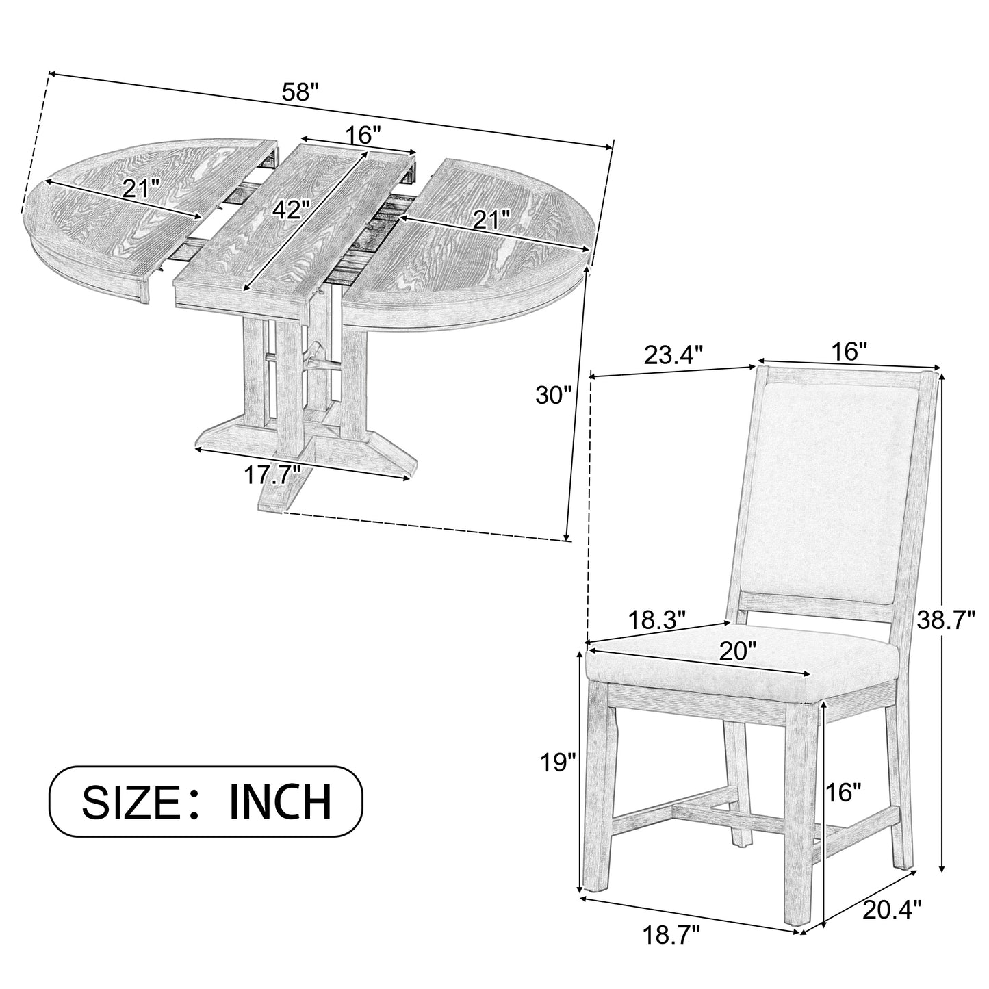 5-teiliges Esszimmer-Set, ausziehbarer runder Tisch und 4 gepolsterte Stühle, Bauernhaus (Schwarz)