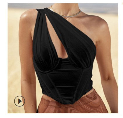 One-shoulder Corset Mesh Top (Color Options)
