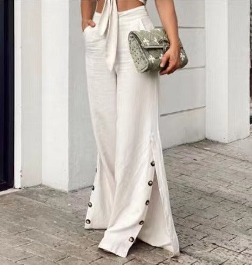 Spring Fashion High Waist Cotton Linen Wide Leg Pants