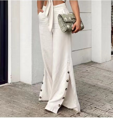 Pantalones anchos de lino y algodón con cintura alta de moda de primavera