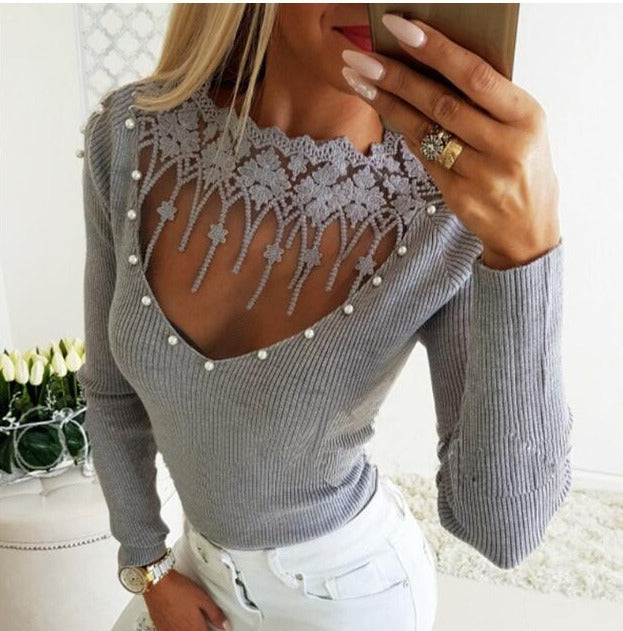 V-Neck Lace Pearl Sweater