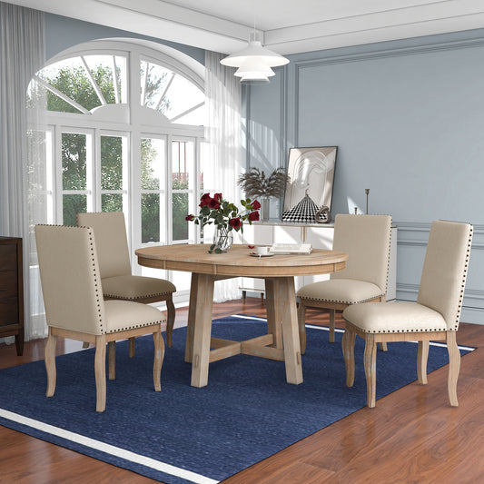 5-Piece Round Wood Extendable Dining Table and 4 Upholstered Dining Chairs
