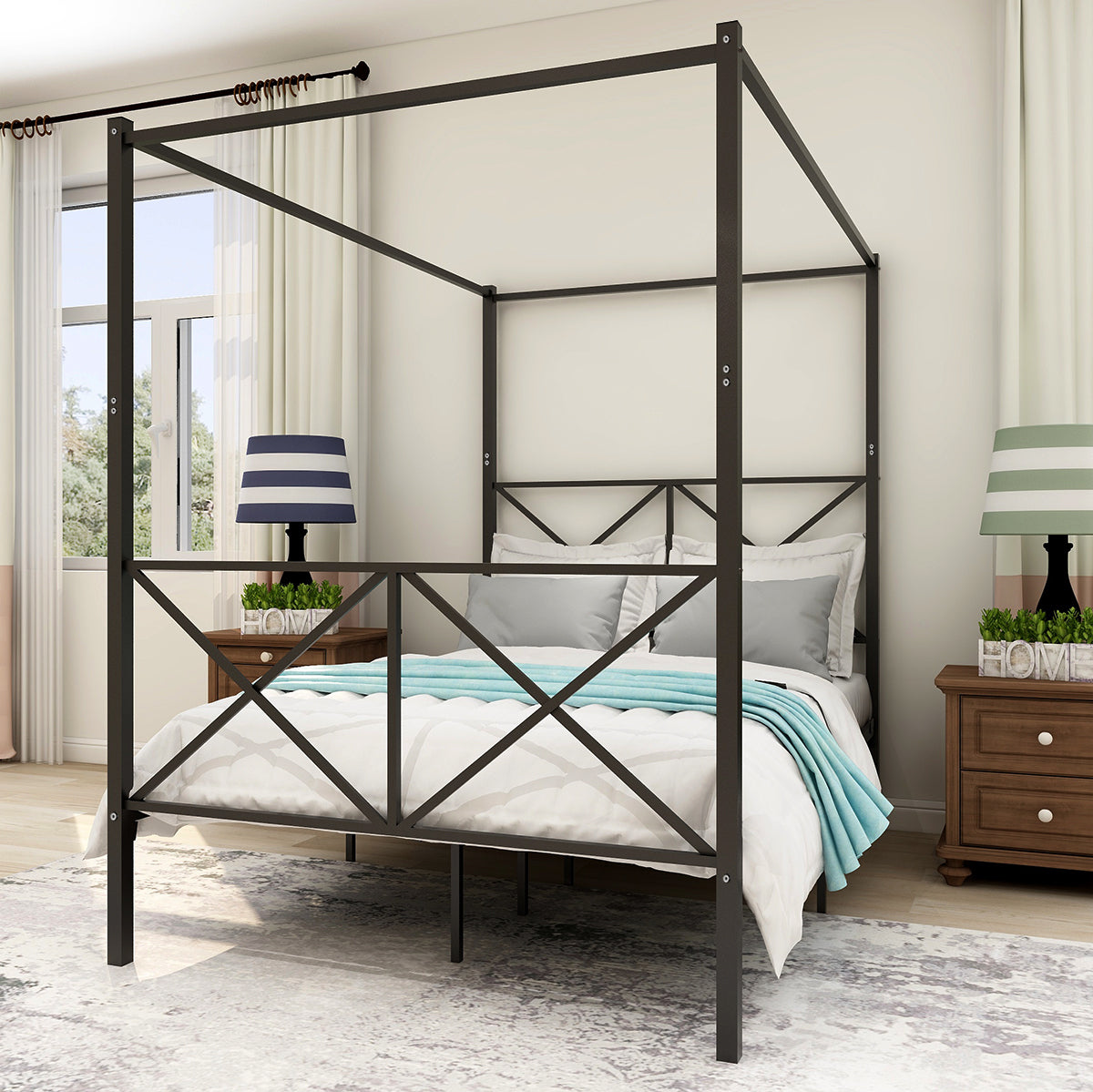 Estructura de cama con detalle en X y dosel de metal de tamaño completo