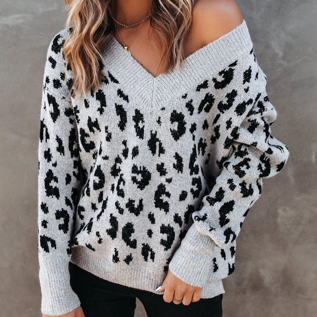 Women's V-neck Leopard Print Sweater