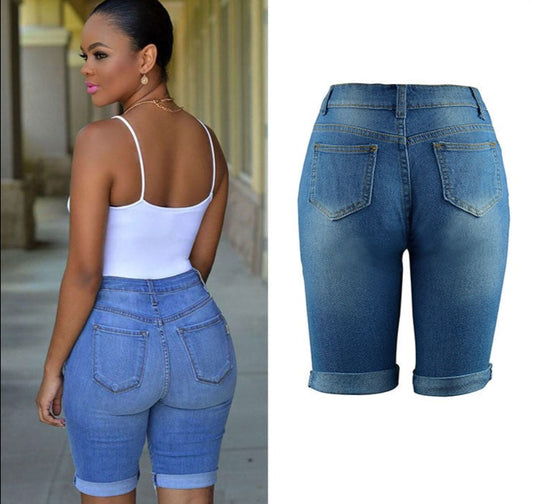 Ripped Knee Length Biker Denim Shorts