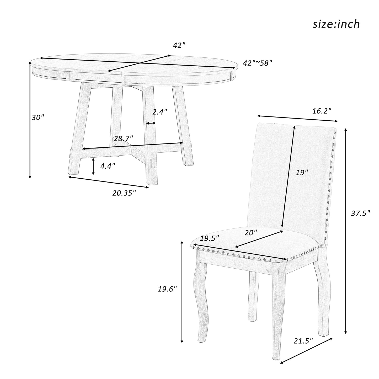 Mesa de comedor extensible redonda de madera de 5 piezas y 4 sillas de comedor tapizadas