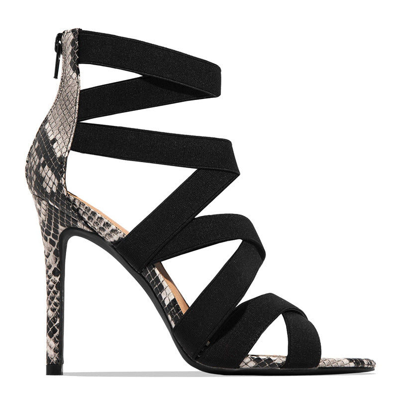 Offener Damen-High-Heel mit elastischem Riemen und Schlangenledermuster