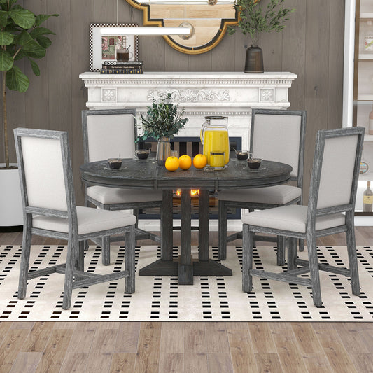 5-Piece Dining Set Extendable Round Table and 4 Upholstered Chairs Farmhouse (Black)