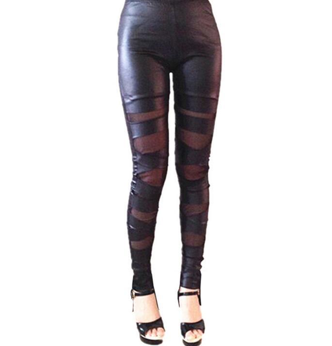 Leggings de piel sintética transparente con tiras cruzadas