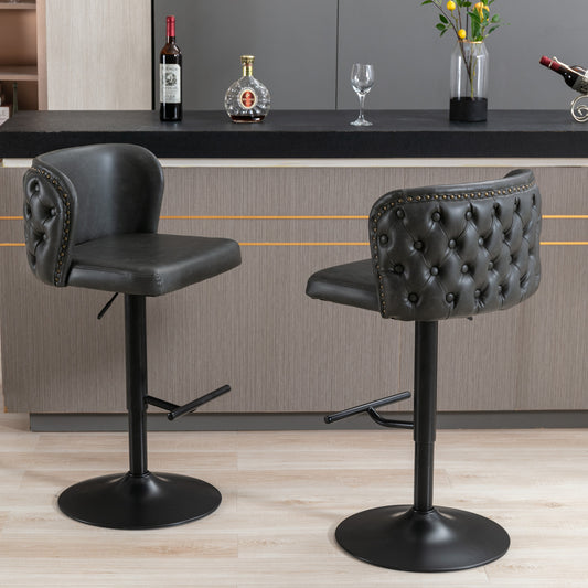 A&A Furniture, Charcoal Grey Vegan Leather Upholstered Swivel Barstools (Set of 2)