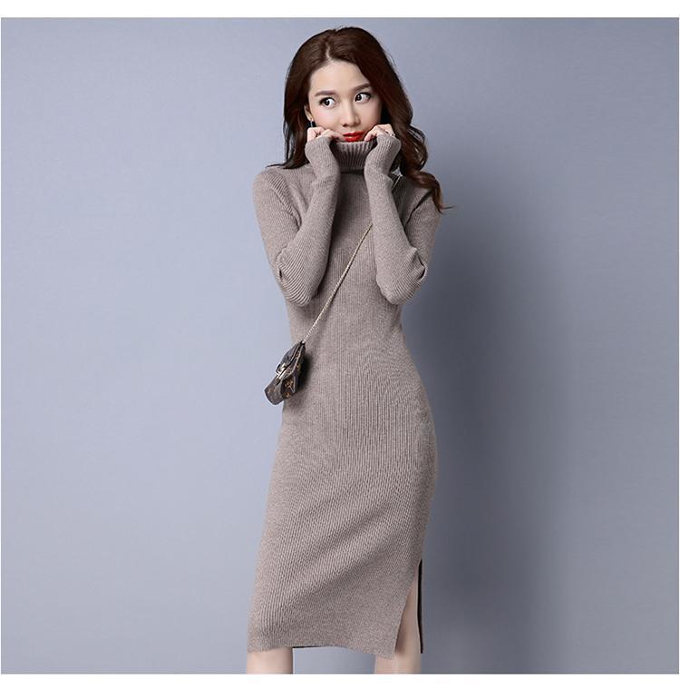 Turtle Neck Sweater Dress with Side Slit