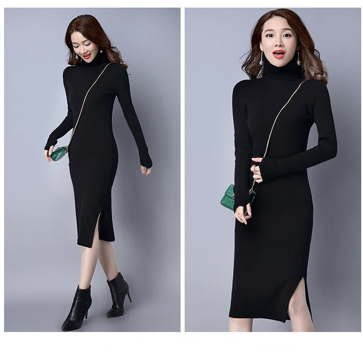 Turtle Neck Sweater Dress with Side Slit