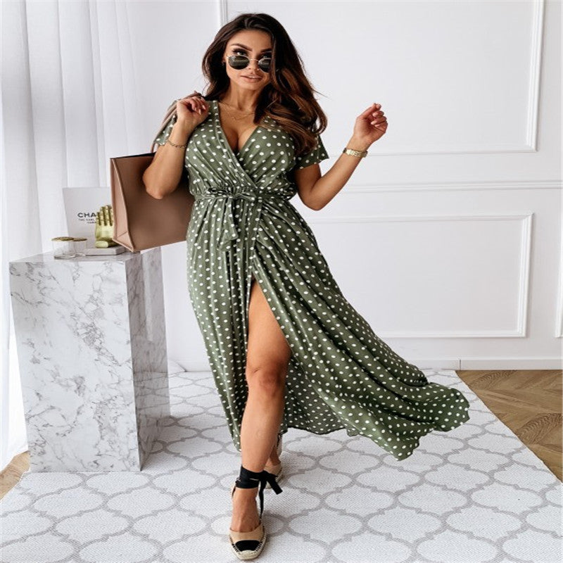 Short Sleeve V-neck Polka Dot Print Long Dress
