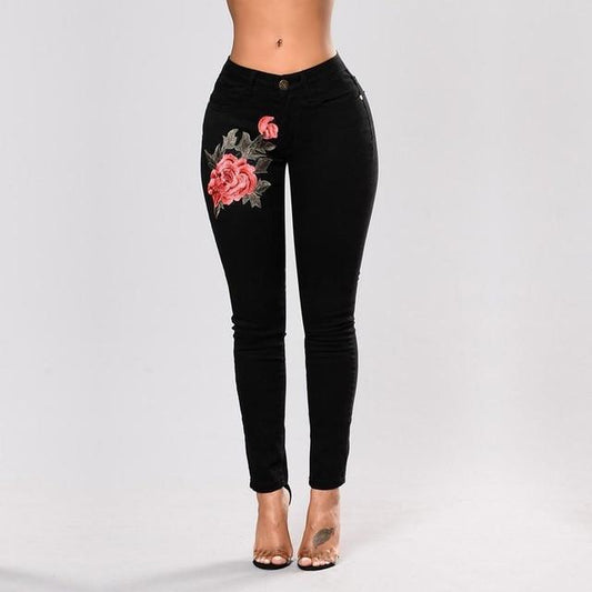 Embroidered Blue Flower Denim Jeans