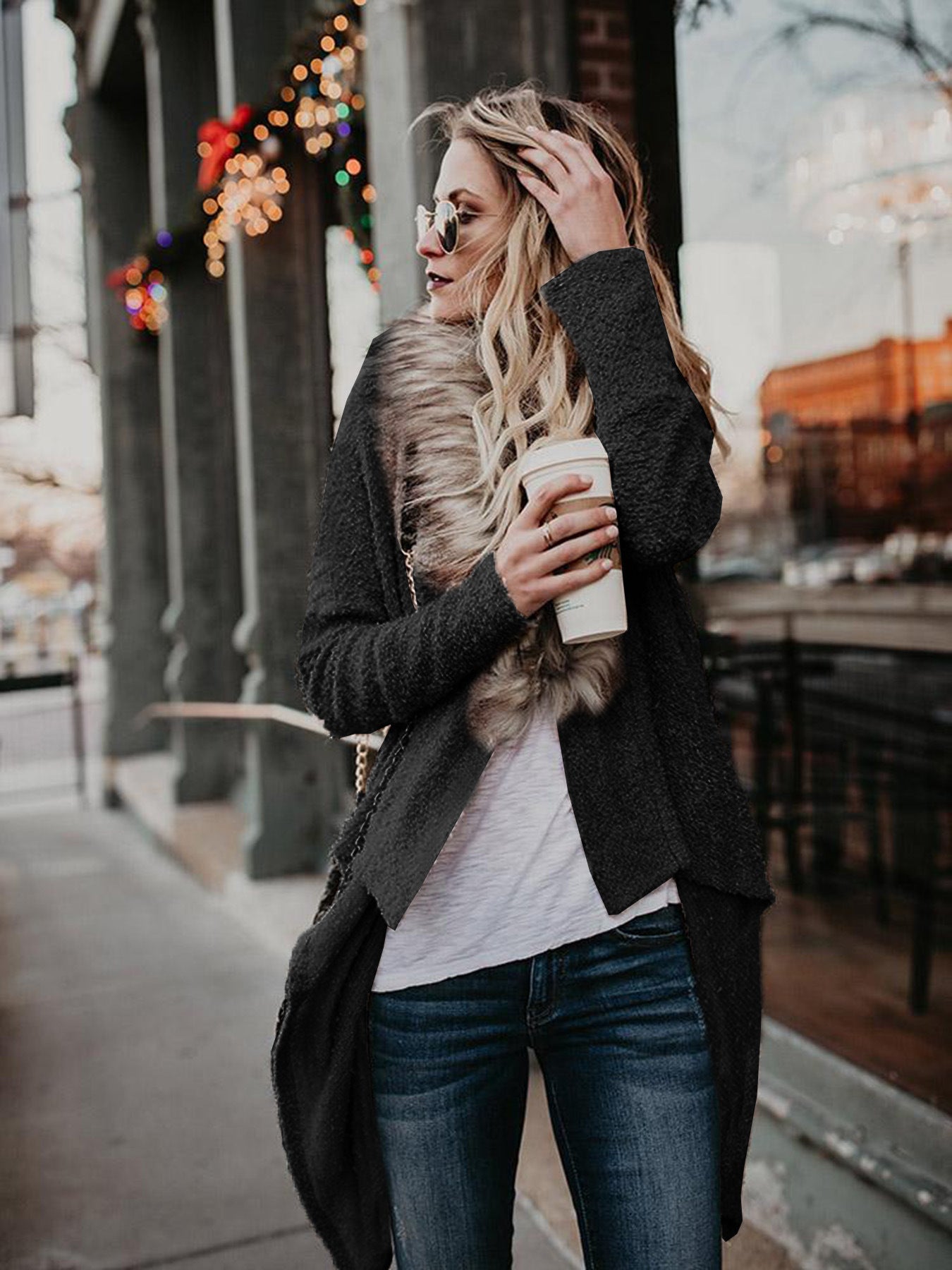 Fur Collar Plush Cardigan Sweater