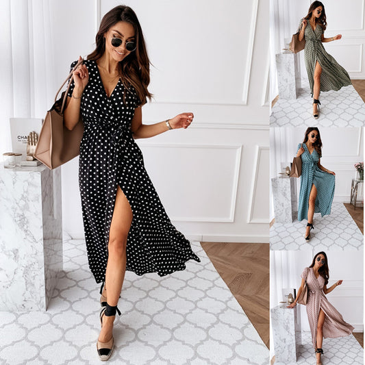 Short Sleeve V-neck Polka Dot Print Long Dress