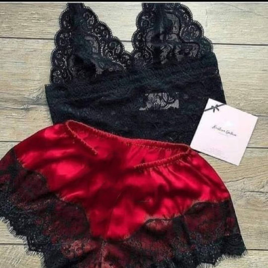 Lace and Satin Bralette and Shorts Lingerie Set (4 Colors)