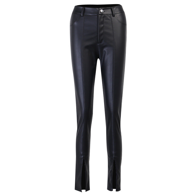 Pantalones de cuero con frente dividido para mujer