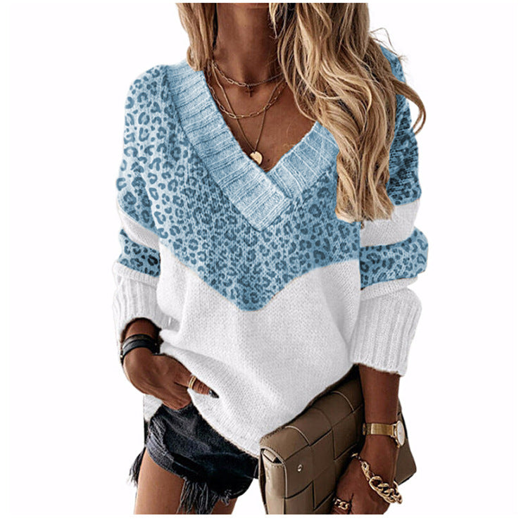 V-Neck Leopard Print Color Block Sweater